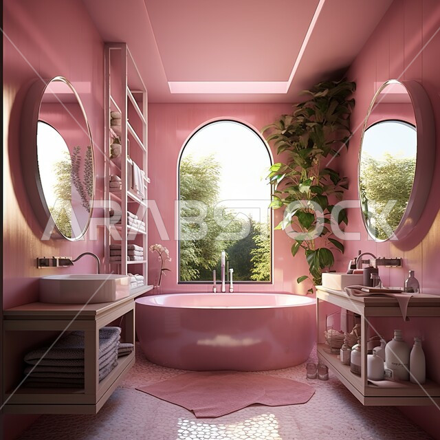 حمام فاخر في أحد الفنادق بتدرجات اللون الوردي، تصاميم وديكورات داخلية للحمامات ، دورة مياه رخاميه في أحد المباني السكنيه ، تصميم حمامات حديثة ، فنادق فاخرة ، تصميم معماري هندسي حديث ، الحمام الداخلي الحديث 