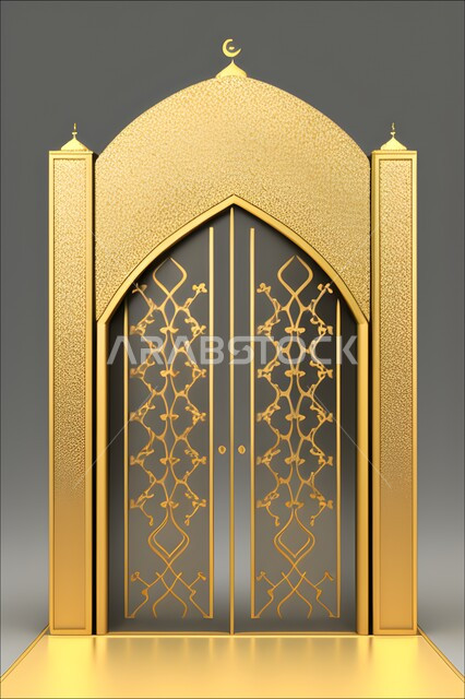 إطار ثري دي بزخارف اسلاميه, تصاميم وديكورات اسلامية مزخرفة، مجسم ثلاثي الابعاد لباب مسجد، مدخل المسجد بقوس ذهبي, اسلاميات وعبادة, خلفية رمادية