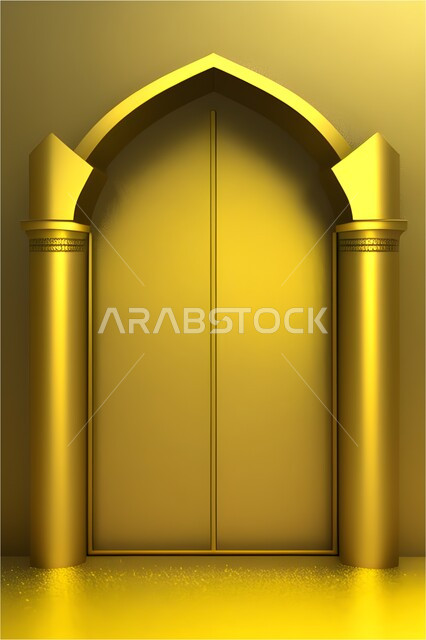مدخل المسجد بقوس ذهبي, إطار ثري دي بزخارف اسلاميه, تصاميم وديكورات اسلامية مزخرفة، مجسم ثلاثي الابعاد لباب مسجد،  اسلاميات وعبادة, خلفية ذهبية