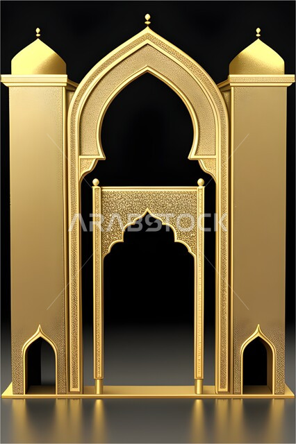 إطار ثري دي بزخارف اسلاميه, تصاميم وديكورات اسلامية مزخرفة، مجسم ثلاثي الابعاد لباب مسجد، مدخل المسجد بقوس ذهبي, اسلاميات وعبادة, خلفية سوداء