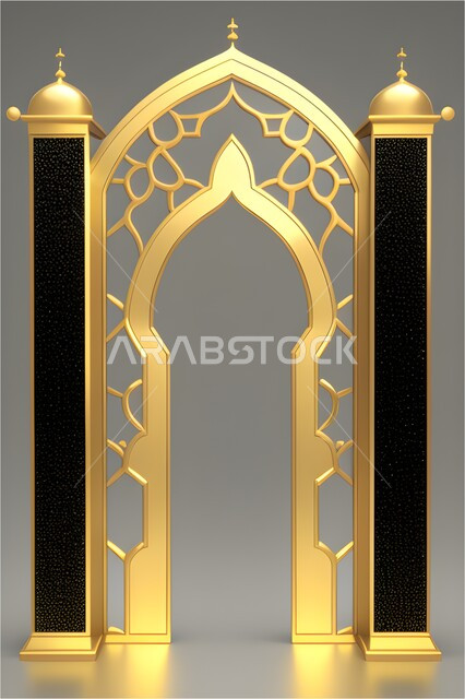 تصاميم  وديكورات اسلامية مزخرفة، إطار ثري دي بزخارف اسلاميه, مجسم ثلاثي الابعاد لباب مسجد، مدخل المسجد بقوس ذهبي, اسلاميات وعبادة, خلفية رماديه