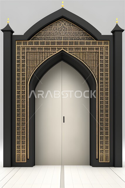 تصاميم  وديكورات اسلامية مزخرفة، إطار ثري دي بزخارف اسلاميه, مجسم ثلاثي الابعاد لباب مسجد، مدخل المسجد بقوس ذهبي, اسلاميات وعبادة, خلفية رماديه