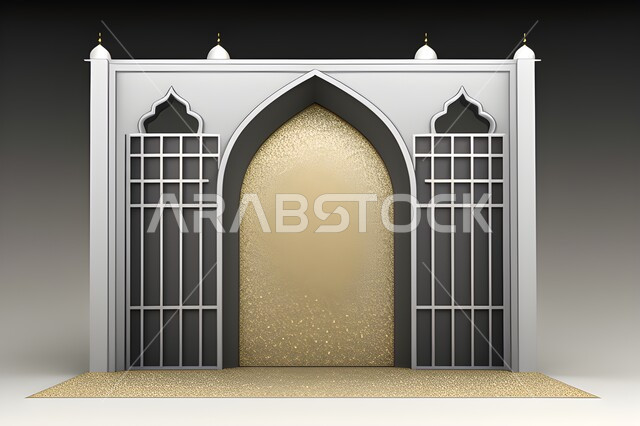 ديكورات وتصاميم اسلامية مزخرفة، إطار ثري دي بزخارف اسلاميه, مجسم ثلاثي الابعاد لباب مسجد، مدخل المسجد بقوس فضي, اسلاميات وعبادة, خلفية رماديه