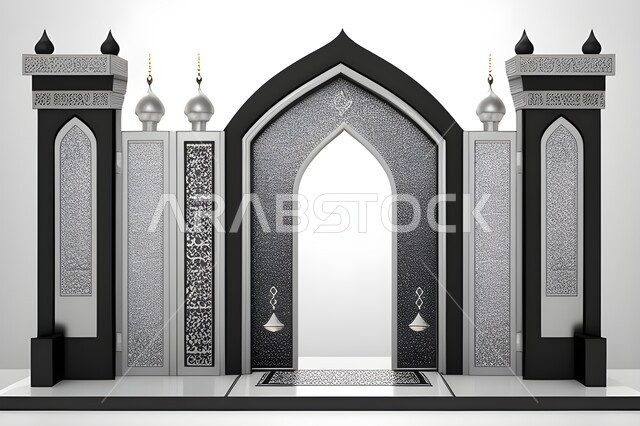 ديكورات وتصاميم اسلامية مزخرفة، إطار ثري دي بزخارف اسلاميه, مجسم ثلاثي الابعاد لباب مسجد، مدخل المسجد بقوس فضي, اسلاميات وعبادة, خلفية رماديه