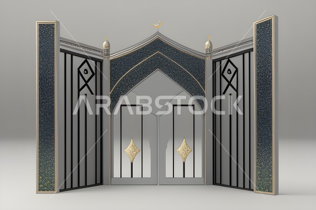 ديكورات وتصاميم اسلامية مزخرفة، إطار ثري دي بزخارف اسلاميه, مجسم ثلاثي الابعاد لباب مسجد، مدخل المسجد بقوس فضي, اسلاميات وعبادة, خلفية رماديه