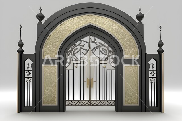  إطار ثري دي بزخارف اسلاميه, تصاميم  وديكورات اسلامية مزخرفة، مجسم ثلاثي الابعاد لباب مسجد، مدخل المسجد بقوس اسود, اسلاميات وعبادة, خلفية رماديه