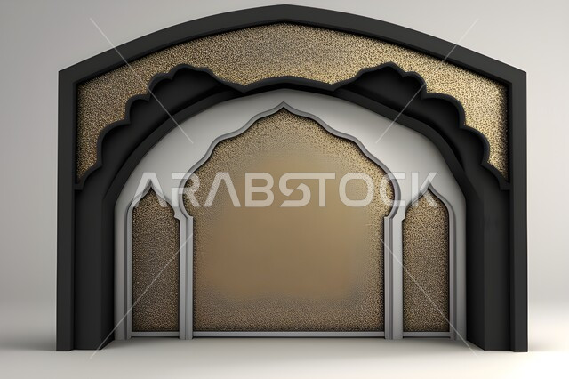 Ornate Islamic designs and decorations, 3D frame with Islamic motifs, 3D model of the door of a mosque, the entrance to the mosque with a silver arch, Islam and worship, gray background