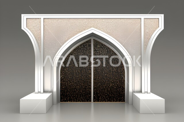 تصاميم  وديكورات اسلامية مزخرفة، إطار ثري دي بزخارف اسلاميه, مجسم ثلاثي الابعاد لباب مسجد، مدخل المسجد بقوس فضي, اسلاميات وعبادة, خلفية رماديه