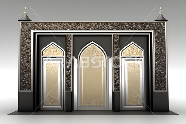 تصاميم  وديكورات اسلامية مزخرفة، إطار ثري دي بزخارف اسلاميه, مجسم ثلاثي الابعاد لباب مسجد، مدخل المسجد بقوس فضي, اسلاميات وعبادة, خلفية رماديه