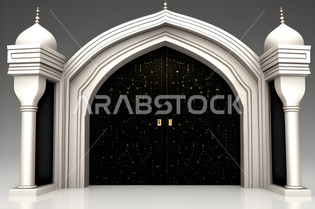  إطار ثري دي بزخارف اسلاميه, تصاميم  وديكورات اسلامية مزخرفة، مجسم ثلاثي الابعاد لباب مسجد، مدخل المسجد بقوس فضي, اسلاميات وعبادة, خلفية رماديه