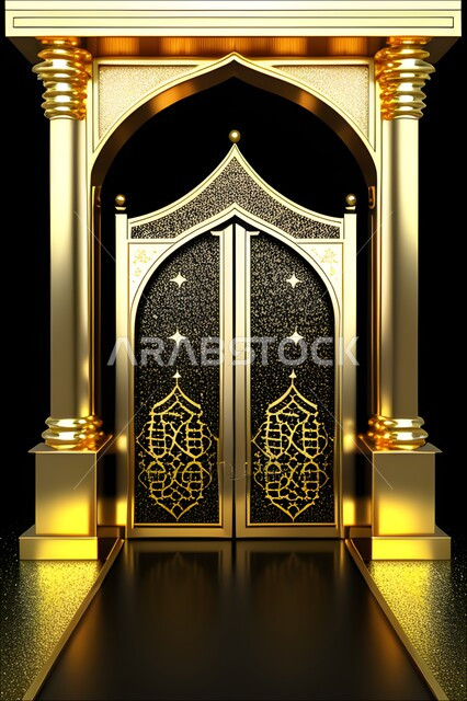 اسلاميات وعبادة, إطار ثري دي بزخارف اسلاميه, تصاميم  وديكورات اسلامية مزخرفة، مجسم ثلاثي الابعاد لباب مسجد، مدخل المسجد بقوس ذهبي, خلفية سوداء