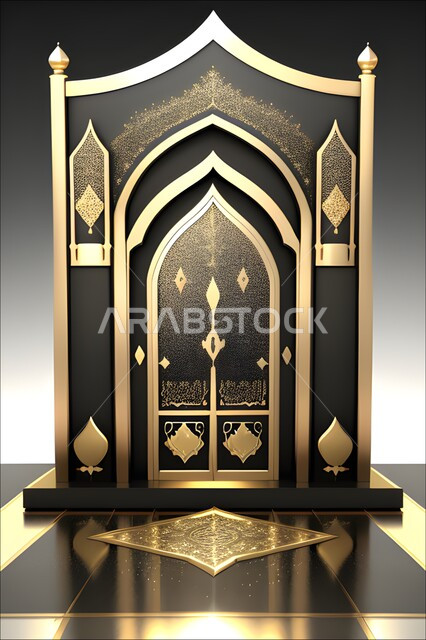 اسلاميات وعبادة, إطار ثري دي بزخارف اسلاميه, تصاميم  وديكورات اسلامية مزخرفة، مجسم ثلاثي الابعاد لباب مسجد، مدخل المسجد بقوس ذهبي, خلفية سوداء