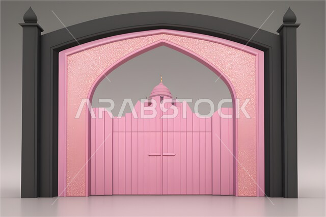  مجسم ثلاثي الابعاد لباب مسجد, إطار ثري دي بزخارف اسلاميه, تصاميم وديكورات اسلامية مزخرفة، مدخل المسجد بقوس زهري, اسلاميات وعبادة, خلفية وردية