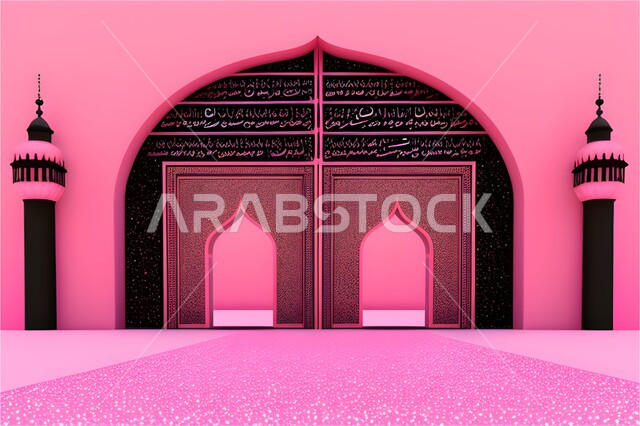 مدخل المسجد بقوس اسود, تصاميم وديكورات اسلامية مزخرفة، إطار ثري دي بزخارف اسلاميه, مجسم ثلاثي الابعاد لباب مسجد، اسلاميات وعبادة, خلفية وردية