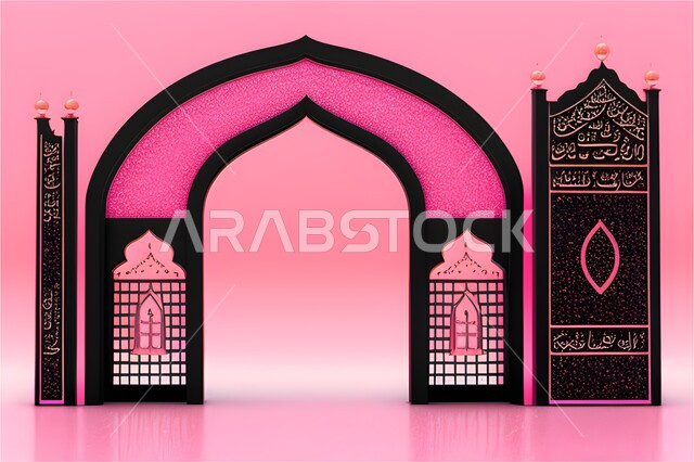 مدخل المسجد بقوس اسود, تصاميم وديكورات اسلامية مزخرفة، إطار ثري دي بزخارف اسلاميه, مجسم ثلاثي الابعاد لباب مسجد، اسلاميات وعبادة, خلفية وردية