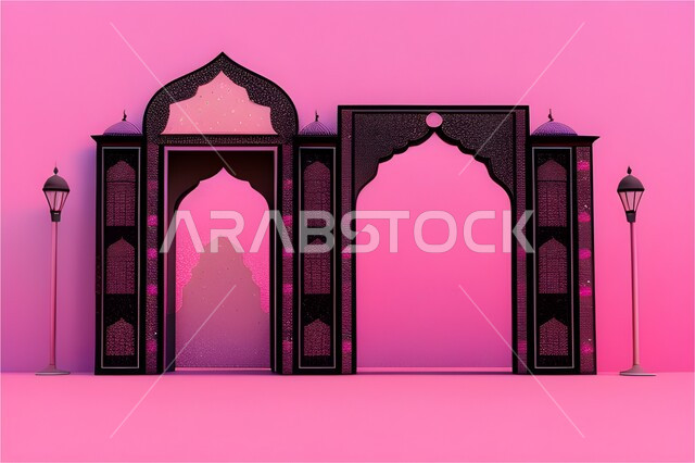  تصاميم وديكورات اسلامية مزخرفة، مدخل المسجد بقوس اسود, إطار ثري دي بزخارف اسلاميه, مجسم ثلاثي الابعاد لباب مسجد، اسلاميات وعبادة, خلفية وردية