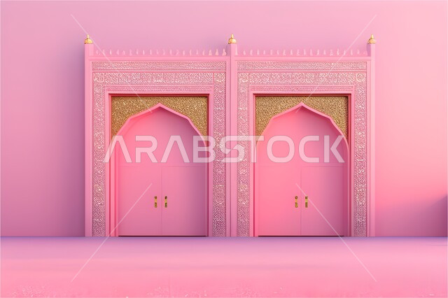  إطار ثري دي بزخارف اسلاميه, تصاميم وديكورات اسلامية مزخرفة، مدخل المسجد بقوس زهري, مجسم ثلاثي الابعاد لباب مسجد، اسلاميات وعبادة, خلفية وردية