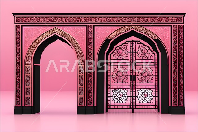  تصاميم وديكورات اسلامية مزخرفة، مدخل المسجد بقوس اسود, إطار ثري دي بزخارف اسلاميه, مجسم ثلاثي الابعاد لباب مسجد، اسلاميات وعبادة, خلفية وردية