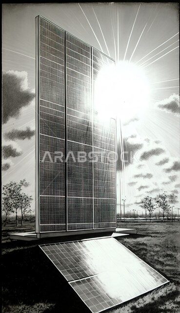 صورة بالابيض و الاسود لألواح الطاقة تنعكس عليها اشعة الشمس, محطات الطاقة الشمسية المتجددة, مفهوم انتاج الطاقة المتجددة في السعودية .