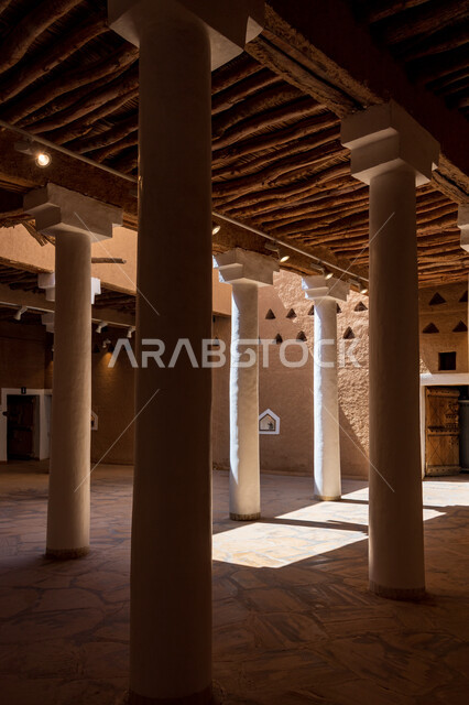 Tourist archaeological sites in Saudi Arabia, a picture from inside the historic Masmak Palace Museum in the city of Riyadh in Saudi Arabia, the historical landmarks of Riyadh, the traditional Masmak Palace, ancient architecture