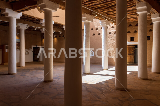 Tourist archaeological sites in Saudi Arabia, a picture from inside the historic Masmak Palace Museum in the city of Riyadh in Saudi Arabia, the historical landmarks of Riyadh, the traditional Masmak Palace, ancient architecture
