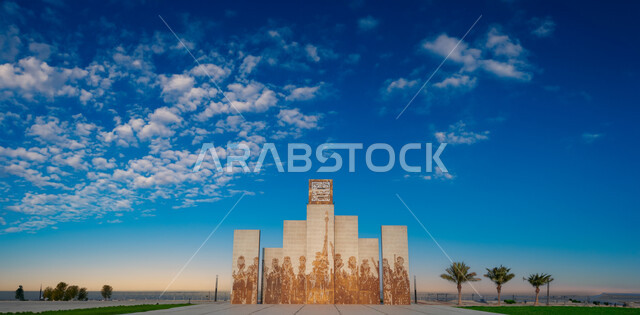 A model of Al-Ardah Square on the Corniche of the city of Al-Khobar in the Kingdom of Saudi Arabia, urban identity motifs for the regions of Saudi Arabia, national cultural folk arts, places and tourist attractions in Dammam, nature background