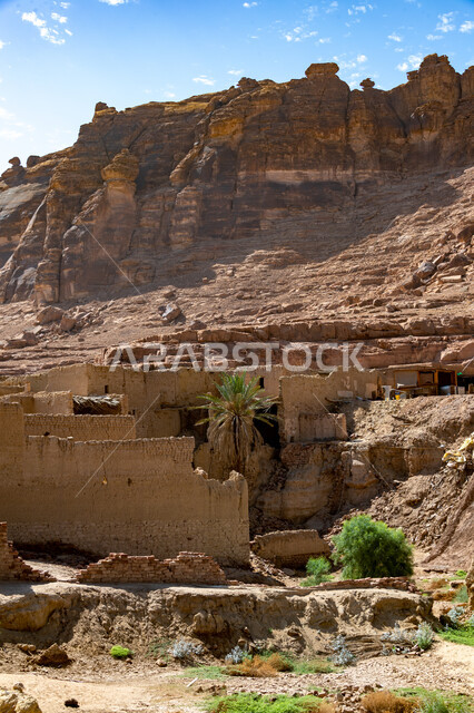 Green trees and plants, ancient houses and buildings, mountain peaks ...