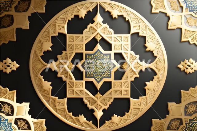 Modern modern geometric art, religious decor designs in golden color, 3D Islamic decorations and motifs, ornate Islamic design template, Islamic background