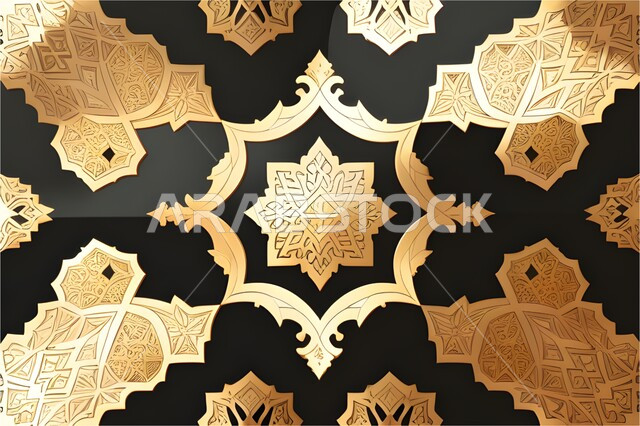 Ornate Islamic design template, modern geometric art, religious decor designs in golden color, 3D Islamic decorations and motifs, Islamic background
