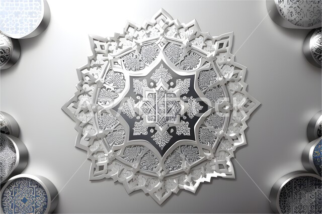 تصاميم ديكور ديني باللون الفضي، زخارف و ديكورات اسلاميه ثلاثية الابعاد، قالب تصميم إسلامي مزخرف، الفن الهندسي العصري الحديث،  خلفية إسلاميه