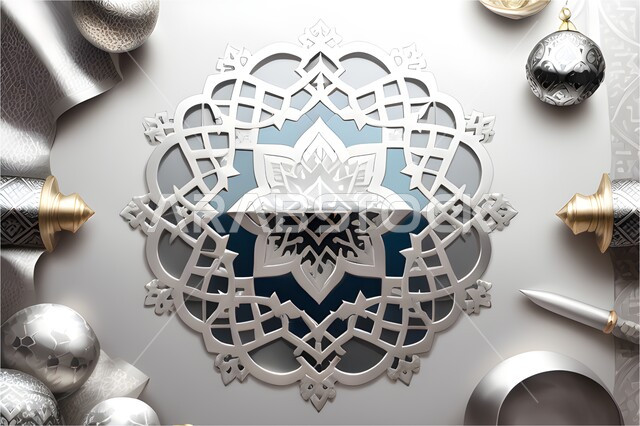 الفن الهندسي العصري الحديث، زخارف و ديكورات اسلاميه ثلاثية الابعاد، قالب تصميم إسلامي مزخرف، تصاميم ديكور ديني باللون الفضي، خلفية إسلاميه