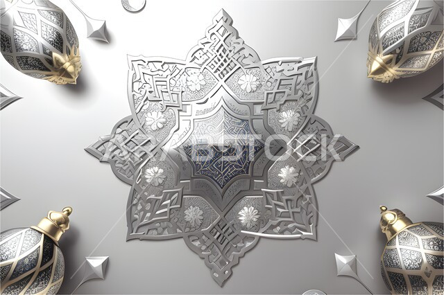  قالب تصميم إسلامي مزخرف، الفن الهندسي العصري الحديث، تصاميم ديكور ديني باللون الفضي، زخارف و ديكورات اسلاميه ثلاثية الابعاد، خلفية إسلاميه