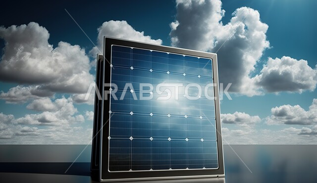 صورة مقربة للوح طاقة , محطات الطاقة الشمسية المتجددة, مفهوم انتاج الطاقة المتجددة في السعودية, منظر السماء المليئة بالغيوم البيضاء, خلفية الطبيعه .