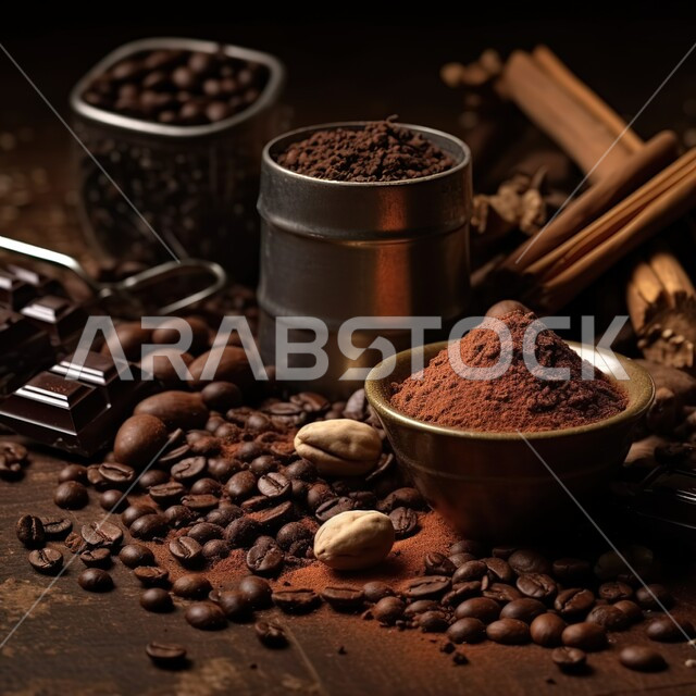 صورة مقربة لحبات البن المطحونة الداكنة في الوعاء المعدني ، اعداد كوب الاسبريسو ، صنع القهوة ، المشروبات الساخنة اللذيذة, حبات البن المتناثرة على قاعدة خشبيه, خلفية بنية