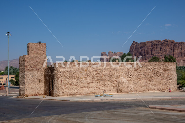 Ancient historical monuments, mud buildings and houses in the ancient town of Al-Ula in the Kingdom of Saudi Arabia, mountain peaks and heights, rock formations in desert areas, tourist places in Saudi Arabia