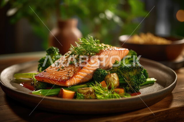 طبق فيليه سمك السلمون المشوي المدخن الأعشاب والخضروات ، وجبات الطعام الشهية ، مطاعم شرقية ، وصفات وأطباق شهية ولذيذة ، مأكولات بحرية و صحية.