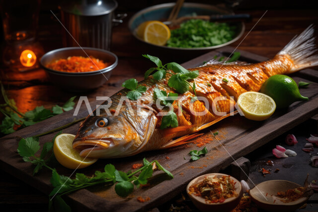 طبق من السمك المشوي المتبل مع الخضروات على سطح أسود ، مأكولات بحرية و عربية ، وجبة طعام غذائية صحية ، صيادية سمك.