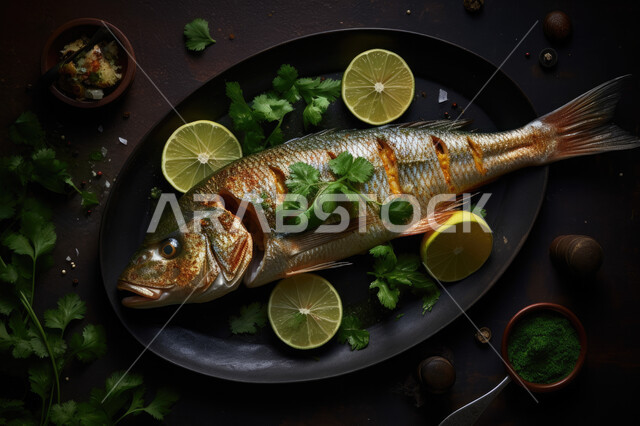 طبق السمك المشوي اللذيذ مع الليمون، أكلات عربية تقليدية، أطباق شعبية ووصفات طعام لذيذة، وجبات الطعام الصحية الشهية، طبق سعودي تقليدي، مطاعم شرقية، صيادية سمك، مطاعم للمأكولات العربية الشرقية.