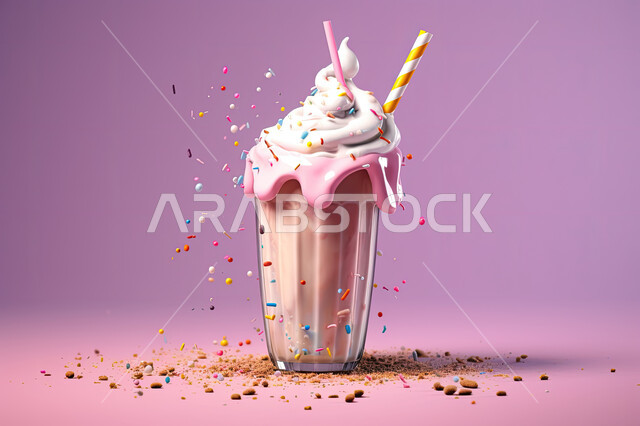 صورة ثلاثية الأبعاد لكوب من كوكتيل الفواكه اللذيذ مع الكريمة ، مشروب بارد من الفواكه، مشروبات باردة و عصائر طبيعية لذيذة، عصير صحي ومفيد، كوكتيل صيفي منعش ومثلج، خلفية وردية.