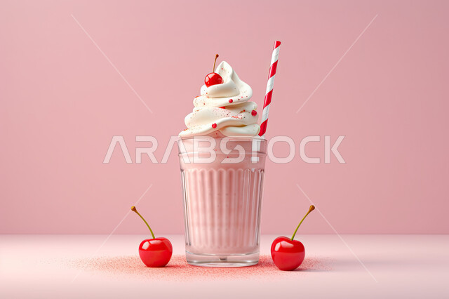 صورة ثلاثية الأبعاد لكوب من كوكتيل الفواكه اللذيذ مع الكريمة ، مشروب بارد من الفواكه، مشروبات باردة و عصائر طبيعية لذيذة، عصير صحي ومفيد، كوكتيل صيفي منعش ومثلج، خلفية وردية.
