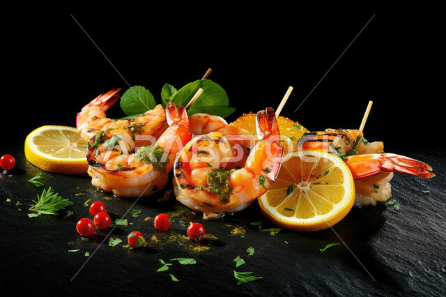 طبق من الجمبري مع شرائح الليمون والخضراوات الطازجة على سطح أسود ، مطابخ ومطاعم عربية ، مأكولات بحرية شهية.