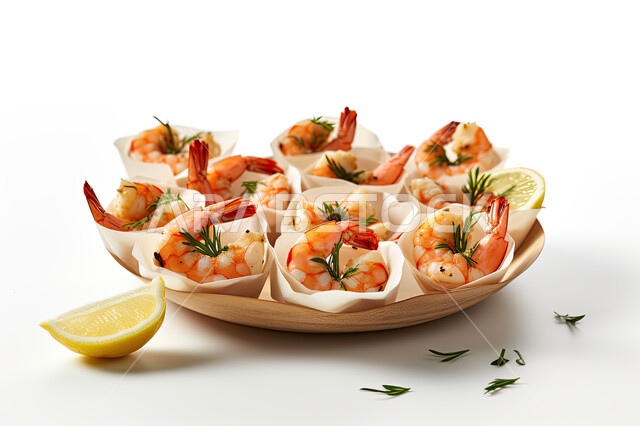 طبق الروبيان الطازج مع قطع الليمون، مطابخ ومطاعم عربية ، الجمبري ، مأكولات بحرية.