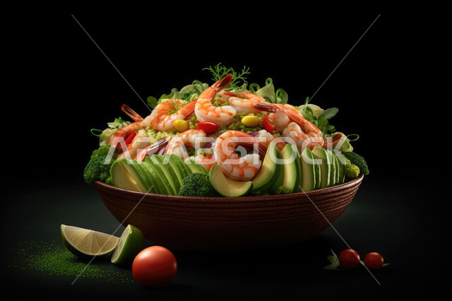 Fresh vegetable salad with shrimp and healthy avocado, delicious vegetable dish, seafood.