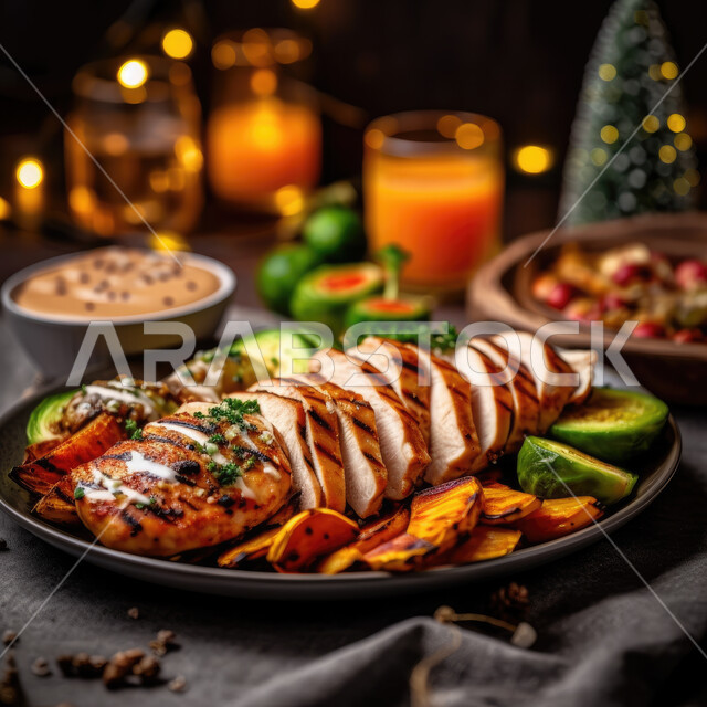 A dish of delicious grilled chicken with fresh vegetables, meals cooked in a grilling way, Arabic restaurants and oriental food, delicious Arabic food