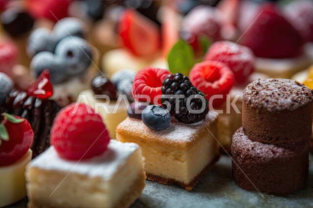 حلويات شرقية رمضانية وسكريات ، صورة مقربة لطبق من القطع الشهية من الميني كيك المزينة بقطع الفراولة والتوت البري، قطع الحلوى الشهية ،تحلاية باردة لذيذة، حلا تشيز كيك