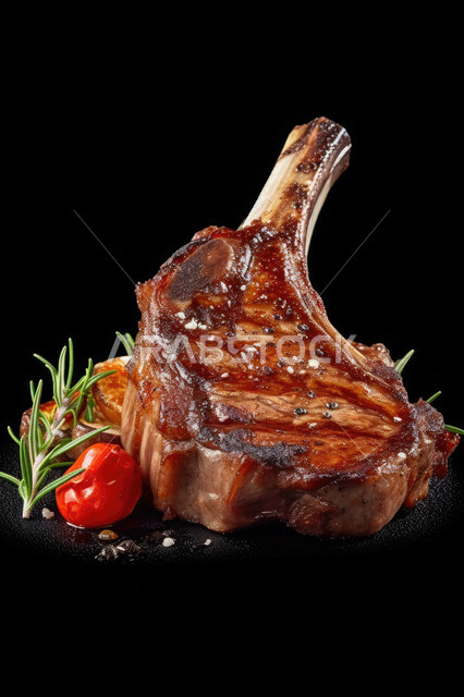 قطعة من اللحم البقري المشوي مع الطماطم والأعشاب، طعام صحي ، مطعم المشاوي ، اكل شرقي ، خلفية سوداء.