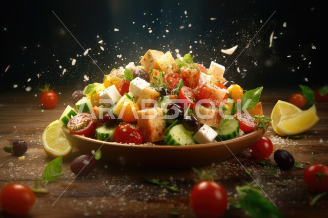 A delicious vegetable salad dish with pieces of cheese and olives, Arabic appetizers and oriental dishes, meals for healthy systems, a healthy diet.
