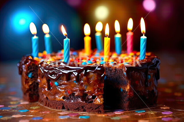 كعكة عيد ميلاد سعيد تقطر الشوكولاتة ،صورة مقربة لقالب الكيك الهش واللذيذ , تزيين الكيك بالحلوى الملونة والشموع , كيكة هشة غنية بالكريمة , مخبوزات طازجة و كعك، كرم الضيافة في العيد .