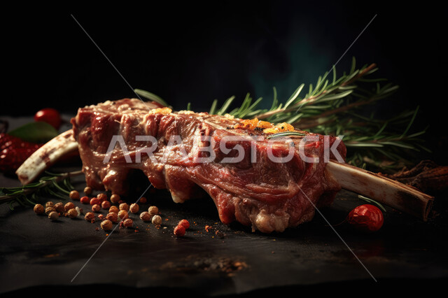 صورة مقربة لقطعة اللحم المتبل مع الخضروات و الأعشاب  ، لحوم الضأن المشوي اللذيذ, اكلات عربية شرقية، وجبات الطعام السريعة في المطاعم العربية.