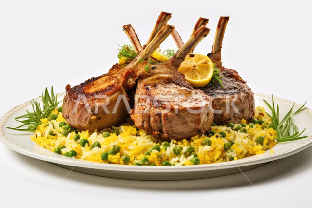 طبق من الأرز المبهر و البازيلا مع ريش اللحم، أكلات عربية و أطباق شعبية تقليدية لذيذة  ، وصفات طعام لذيذة صحية، مطاعم للمأكولات العربية الشرقية, خلفية بيضاء.